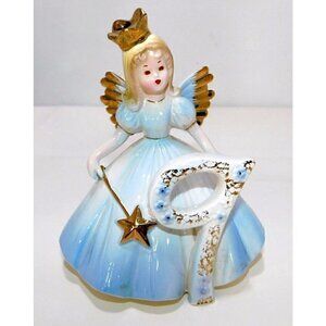Vintage JOSEF blue & gold angel, fairy 9th birthday porcelain figurine 4.5" tall